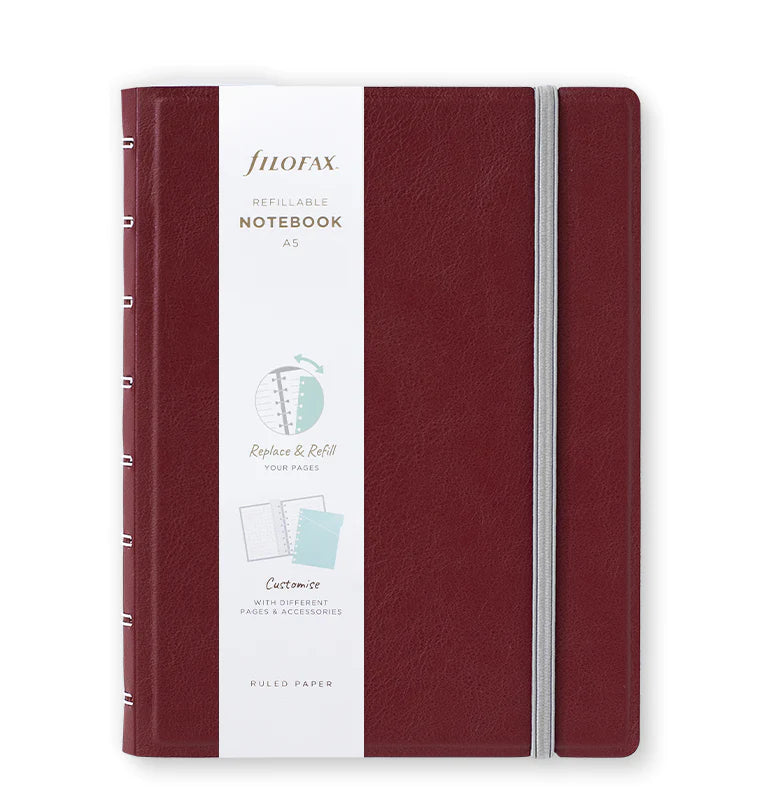 Filofax Contemporary A5 Refillable Notebook in Burgundy with packaging