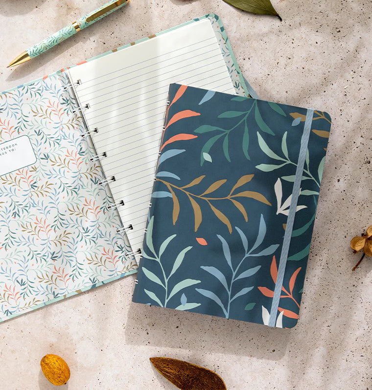 Filofax Botanical A5 Refillable Notebook in Blue, with open Botanical Mint Notebook behind