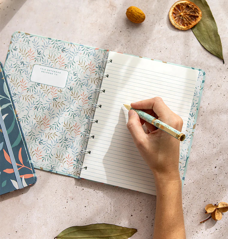 Filofax Botanical A5 Refillable Notebook on desk with matching Botanical Ballpoint Pen