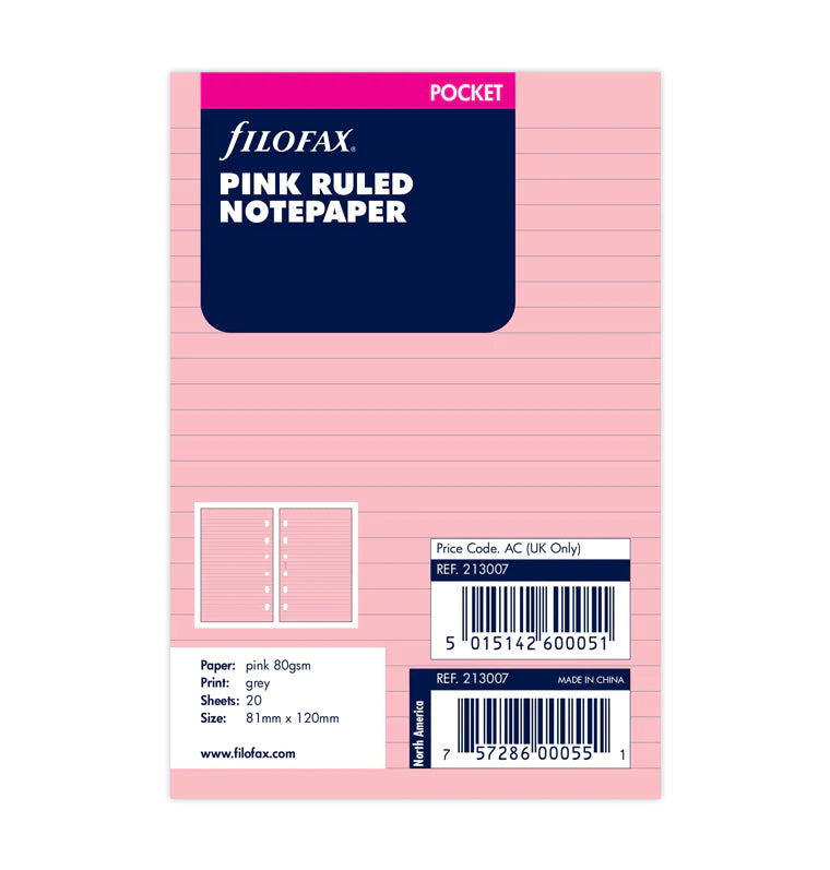 Filofax Pink Ruled Notepaper Refill - Pocket size - for organisers