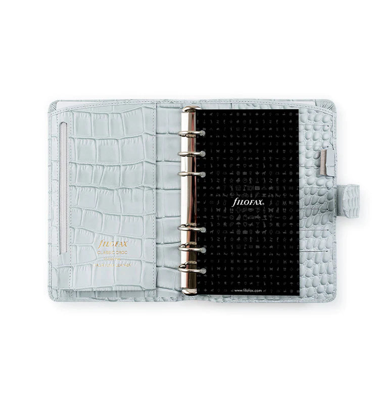 Filofax Classic Croc Silver Mist Personal Leather Organiser Open view with Fill