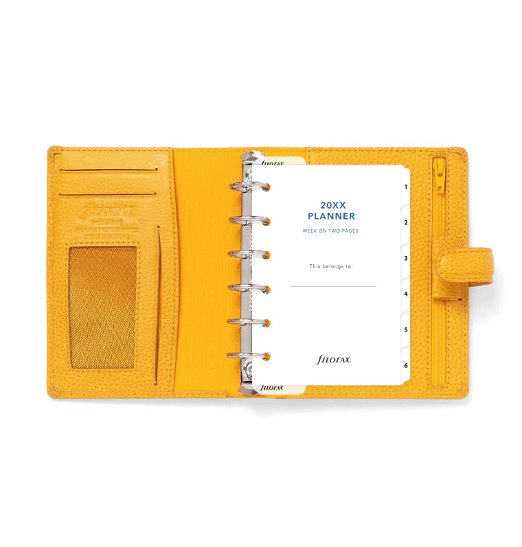 Filofax Finsbury Pocket Leather Organiser in Mustard Yellow with contents