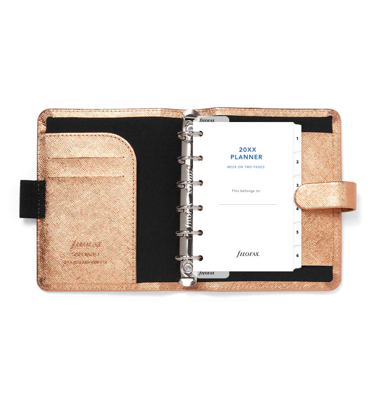 Filofax Saffiano Metallic Pocket Organiser in Rose Gold with contents