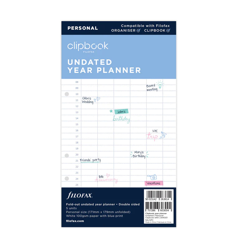 Clipbook Undated Year Planner Refill - Personal size - Filofax