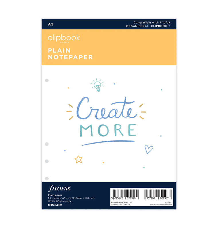 Clipbook Plain Notepaper Refill - A5 size in packaging - Filofax