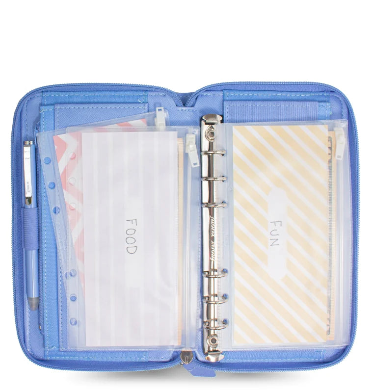 Filofax Saffiano Personal Compact Zip Organiser in Vista Blue - perfect for budgeting and cash envelopes