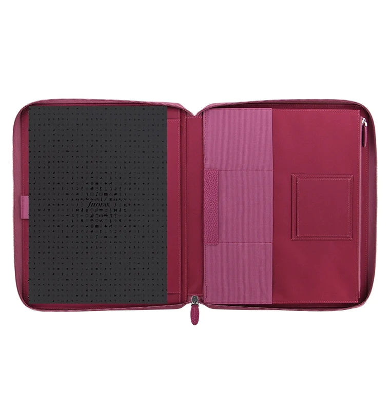 Filofax Finsbury A4 Zip Leather Folio in pink - open inside